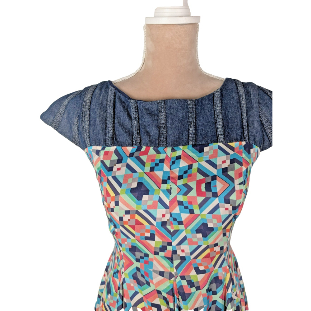 Anthropologie Eva Franco Midi Dress Mixed Media Denim Silk Sz 4 6 Geometric - Picture 2 of 12